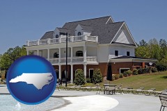 north-carolina map icon and a clubhouse and pool at a country club