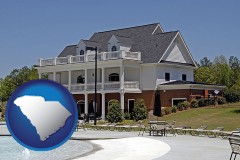 south-carolina map icon and a clubhouse and pool at a country club
