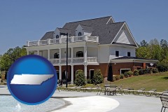 tennessee map icon and a clubhouse and pool at a country club