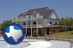 texas map icon and a clubhouse and pool at a country club