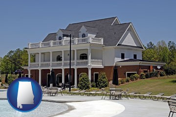 a clubhouse and pool at a country club - with Alabama icon