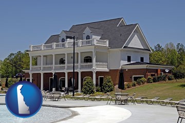 a clubhouse and pool at a country club - with Delaware icon