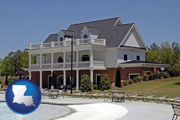 a clubhouse and pool at a country club - with Louisiana icon