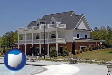 a clubhouse and pool at a country club - with Ohio icon