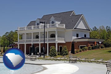a clubhouse and pool at a country club - with South Carolina icon