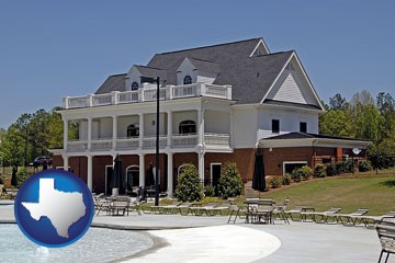 a clubhouse and pool at a country club - with Texas icon