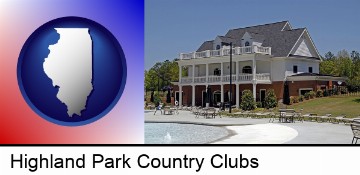 a clubhouse and pool at a country club in Highland Park, IL