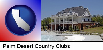 a clubhouse and pool at a country club in Palm Desert, CA